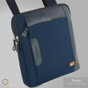Borsello uomo porta iPad doppio vano Fusion in tessuto e pelle Blu Navy