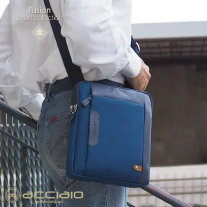Borsello uomo porta iPad doppio vano Fusion in tessuto e pelle Blu Cobalto
