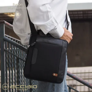 Borsello uomo porta iPad doppio vano Fusion in tessuto e pelle Nero