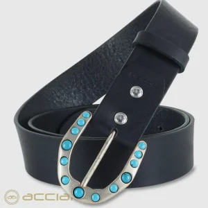 Cintura donna alta in cuoio pelle Blu fibbia Yuma