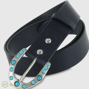 Cintura donna alta in cuoio pelle Blu fibbia Yuma