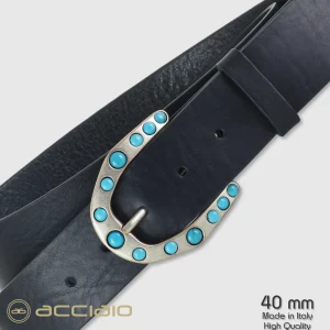 Cintura donna alta in cuoio pelle Blu fibbia Yuma