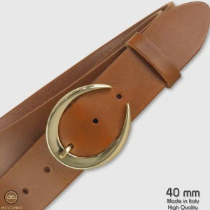 Cintura donna alta in pelle Cognac Moon Oro