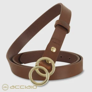 Cintura donna sottile in pelle cuoio Castagno fibbia Eclipse Oro