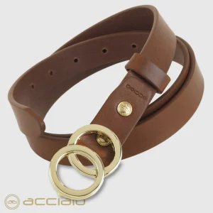 Cintura donna sottile in pelle cuoio Castagno fibbia Eclipse Oro