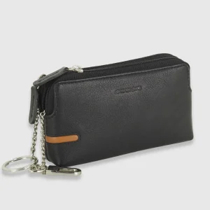 Pochette portamonete portachiavi 2 vani zip in pelle Nero