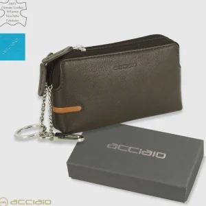 Pochette portamonete portachiavi 2 vani zip in pelle Marrone/Moka