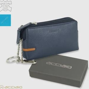 Pochette portamonete portachiavi 2 vani zip in pelle Blu