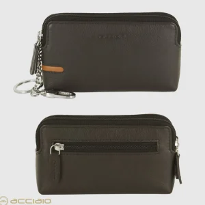 Pochette portamonete portachiavi 2 vani zip in pelle Marrone/Moka