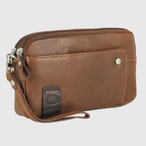 Pochette Uomo in pelle 2 vani zip borsello a mano Harry 7" Castagno