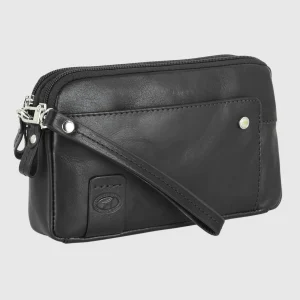 Pochette Uomo in pelle 2 vani zip borsello a mano Harry 7" Nero