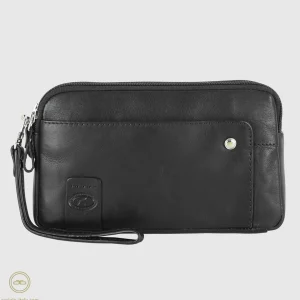 Pochette Uomo in pelle 2 vani zip borsello a mano Harry 7" Nero