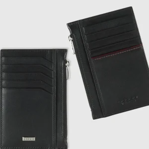 Porta carte di credito zip portafoglio verticale piatto in pelle liscia Nero