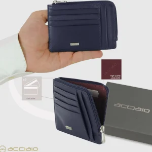 Porta carte di credito zip portadocumenti in pelle liscia Blu Ink