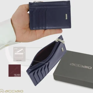 Porta carte di credito zip portafoglio verticale piatto in pelle liscia Blu Ink