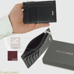 Porta carte di credito zip portafoglio verticale piatto in pelle liscia Nero