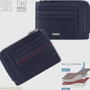 Porta carte di credito zip portadocumenti in pelle liscia Blu Ink