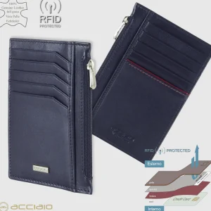 Porta carte di credito zip portafoglio verticale piatto in pelle liscia Blu Ink