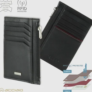 Porta carte di credito zip portafoglio verticale piatto in pelle liscia Nero