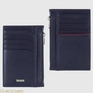 Porta carte di credito zip portafoglio verticale piatto in pelle liscia Blu Ink