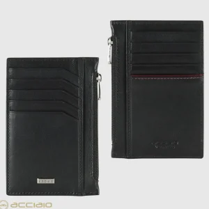 Porta carte di credito zip portafoglio verticale piatto in pelle liscia Nero