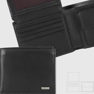 Portafoglio uomo medio con portamonete e patta in pelle Liscia Nero