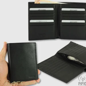 Portafoglio uomo Verticale pelle Soft Nero, 14 carte credito e zip anti-rfid