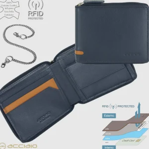 Portafoglio Zip mini da uomo con catena Blu