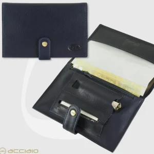 Portatabacco in pelle con bottone, cuoio Blu