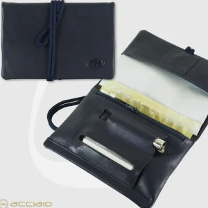 Portatabacco in pelle con laccio, cuoio Blu