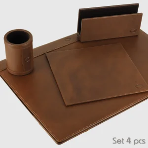 Set Scrivania pelle kit scrittoio 4 pz. in Cuoio Castagno