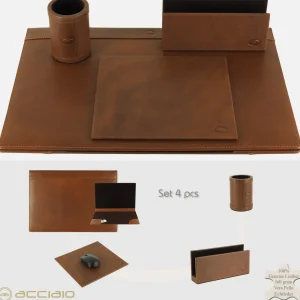 Set Scrivania pelle kit scrittoio 4 pz. in Cuoio Castagno