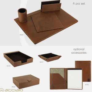Set Scrivania pelle kit scrittoio 4 pz. in Cuoio Castagno